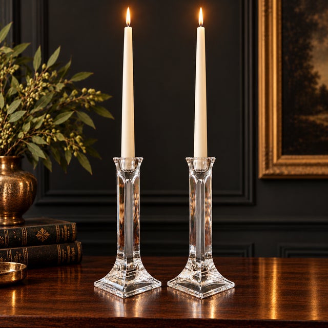 Mid-Century Modern Vintage Austrian Toscany Lead Crystal Geometric Candlesticks – Pair For Sale - Image 3 of 12