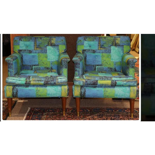 Pair of mid century lounge chairs attributed to Milo Baughman for Thayer Coggin each having green & blue upholstery with a...