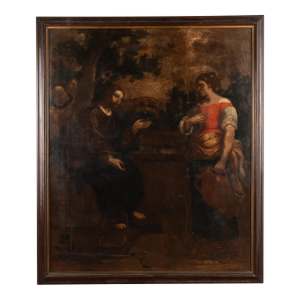 18th Century Original Oil on Canvas Painting of Christ and Woman at the Well, Portugal