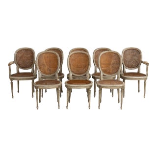 Set of Eight 19th C. French Louis XVI Oval Back Cane Chairs in Original Paint For Sale
