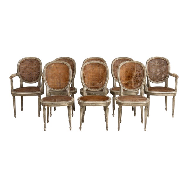 Set of Eight 19th C. French Louis XVI Oval Back Cane Chairs in Original Paint For Sale