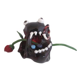Unusual Studio Modern Abstract Glass Sculpture Animal Monster W/Pills & Flower For Sale