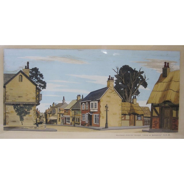 Framed watercolor painting titled Backdrop - English Village “Crime at Blossoms”, signed or initialed L.E.R. at the lower...