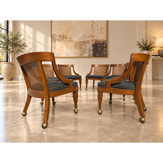 Brass Circa 1960s–1970s Regency Revival Cane-Back Armchairs – Set of 6 For Sale - Image 8 of 13