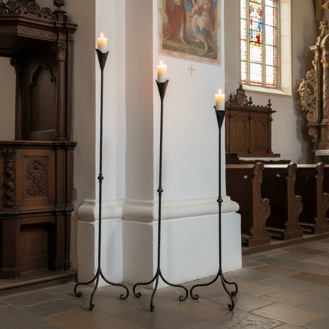 Hand Forged Iron Candelabra Set of 3 (97-117cm) Antique Copper Finish Slender Stem with Lily Cups For Sale - Image 4 of 9