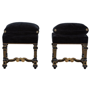 Set of 19th Century French Ebonised & Gilt Velvet Stools, 1870