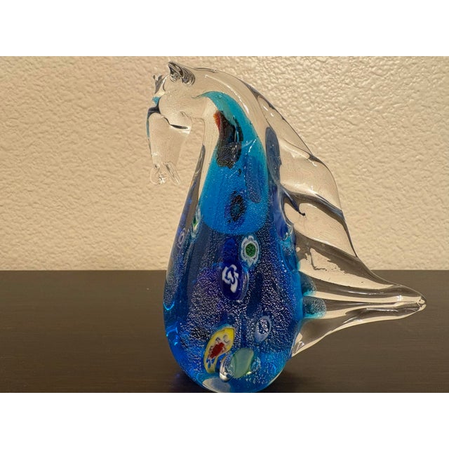 This 1960's piece of Murano Millefiori hand blown glass vintage seahorse sculpture is a one of a kind item. In all the 40...