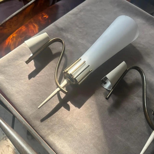 Two 1950s Stilnovo Style Mid-Century Modern Brass and Glass Italian Wall Sconces For Sale - Image 9 of 13