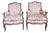 Louis XV–Style Walnut Bergère Armchairs in Ikat Upholstery With Brass Nail Head Trim — 20th Century Matching Pair For Sale