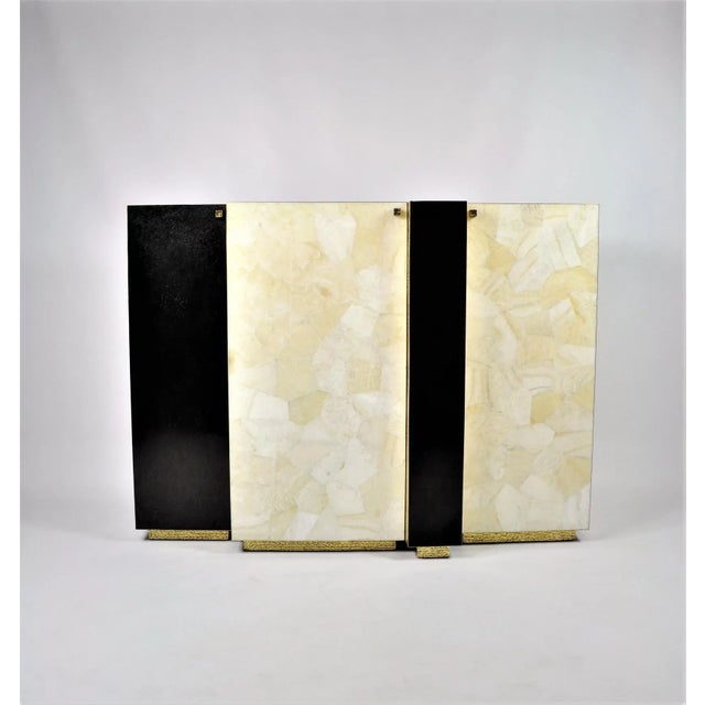 Gold Leaf Fiber Marquetry, Black Stone, Brass, and White Rock Crystal Cabinet by François-Xavier Turrou for Ginger Brown For Sale - Image 12 of 12