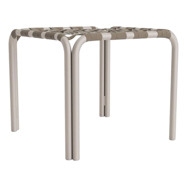 Brown Jordan Kantan Aluminum Stacking Stool/Occasional Table, Suncloth Lace, Dove frame with Mica fabric For Sale
