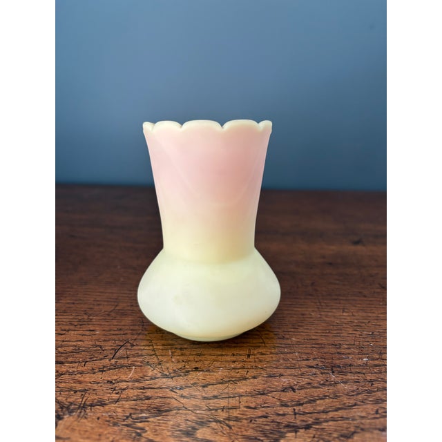 Victorian Antique Victorian Burmese Uranium Glass Vase 4.5" Thomas Webb/ Mount Washington Ruffled Glow For Sale - Image 3 of 10
