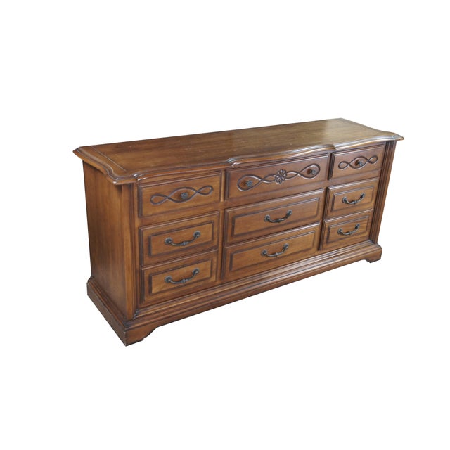 French Provincial Vintage Century Furniture French Country Serpentine Oak Triple Dresser 68" For Sale - Image 3 of 14