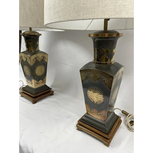 Metal Lamps with Brass Applications on Wooden Bases, 1970s For Sale - Image 9 of 13