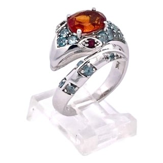 1970s Polished 14k White Gold Garnet and Ruby Cocktail Ring With Blue Topaz, Size 5 For Sale