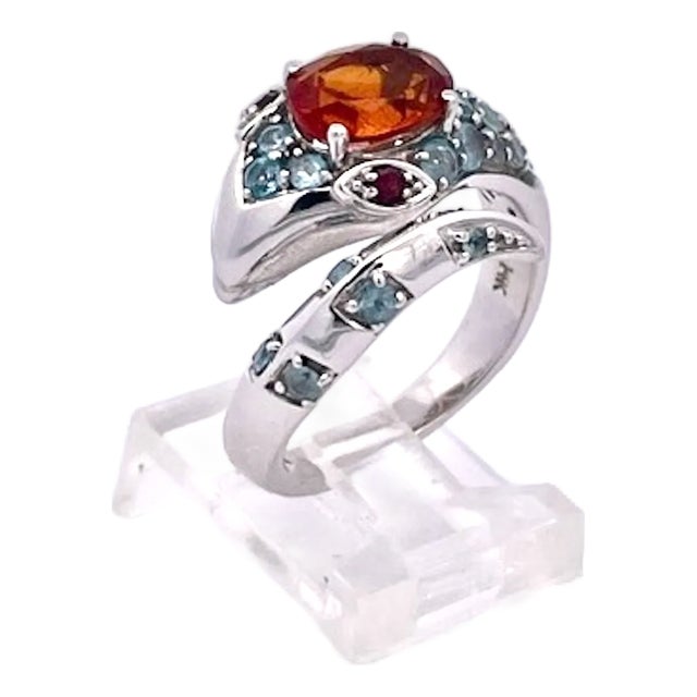 1970s Polished 14k White Gold Garnet and Ruby Cocktail Ring With Blue Topaz, Size 5 For Sale
