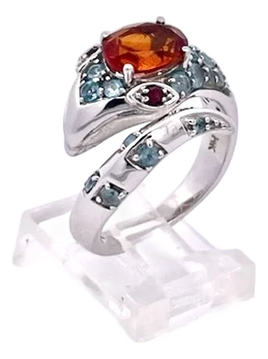 1970s Polished 14k White Gold Garnet and Ruby Cocktail Ring With Blue Topaz, Size 5