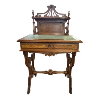 Victorian Walnut Ladies Writing Desk With Gallery & Velvet Writing Surface, Circa 1880 For Sale