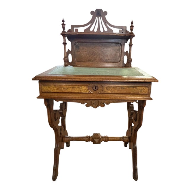 Victorian Walnut Ladies Writing Desk With Gallery & Velvet Writing Surface, Circa 1880 For Sale
