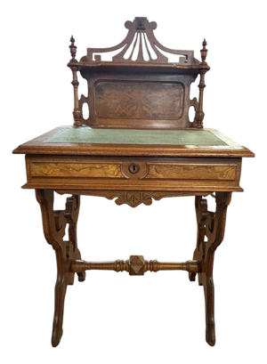 Victorian Walnut Ladies Writing Desk With Gallery & Velvet Writing Surface, Circa 1880