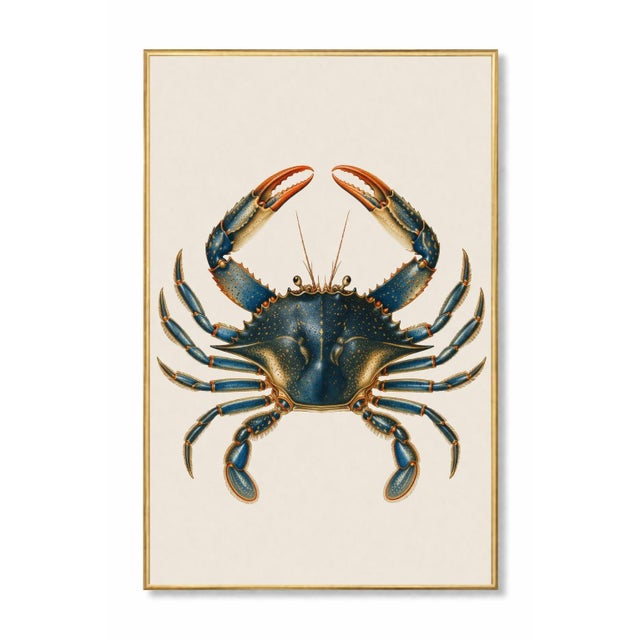 Refined marine artwork featuring a detailed blue crab with symmetrical composition and rich tonal contrast. The piece...