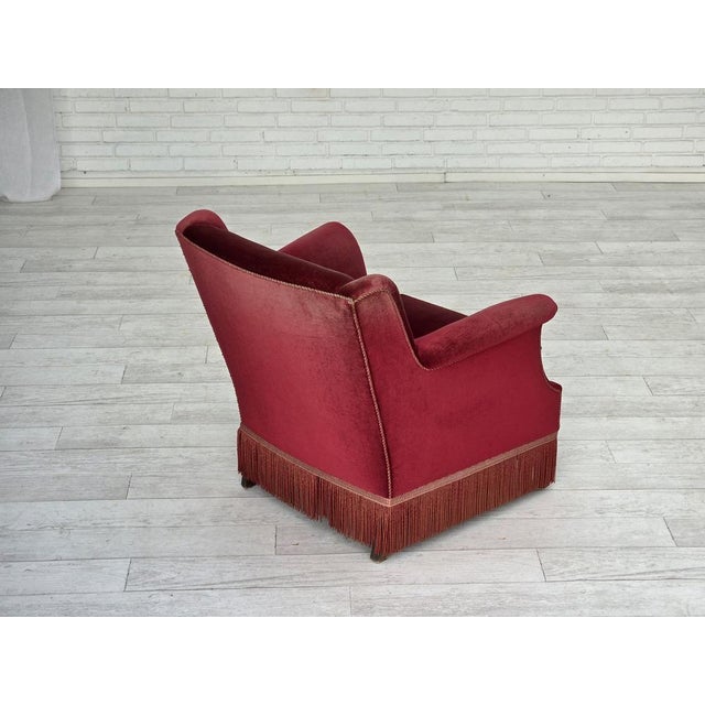 Danish Armchair in Cherry-Red Velour and Ash, 1960s For Sale - Image 6 of 18