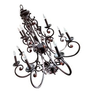 Large Two-Tier Wrought Iron Chandelier – Amber Bead Accents, 12 Lights For Sale
