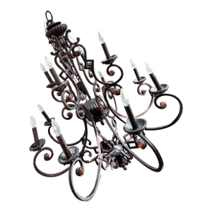 Large Two-Tier Wrought Iron Chandelier – Amber Bead Accents, 12 Lights