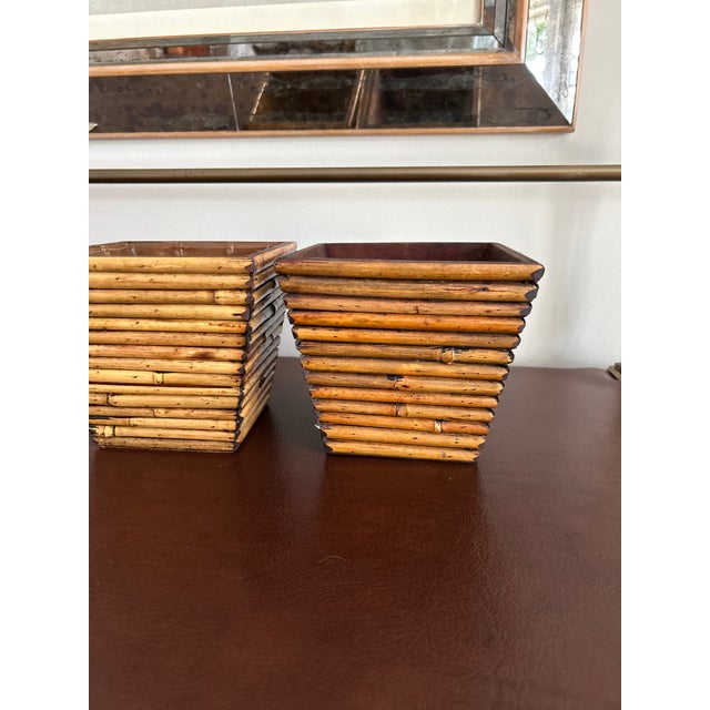 Late 20th Century Vintage Stacked Bamboo Reed Tapered Square Cachepots — A Pair For Sale - Image 5 of 7