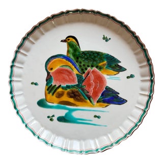 Vintage Japanese Kutani Mandarin Duck Motif Round Decorative Display Plate 9.75" For Sale