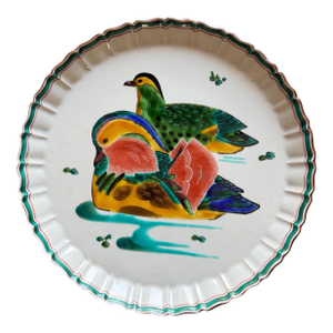 Vintage Japanese Kutani Mandarin Duck Motif Round Decorative Display Plate 9.75"