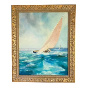 1990s Sailboat in Rough Seas Oil Painting by Satori Gregorakis, Framed