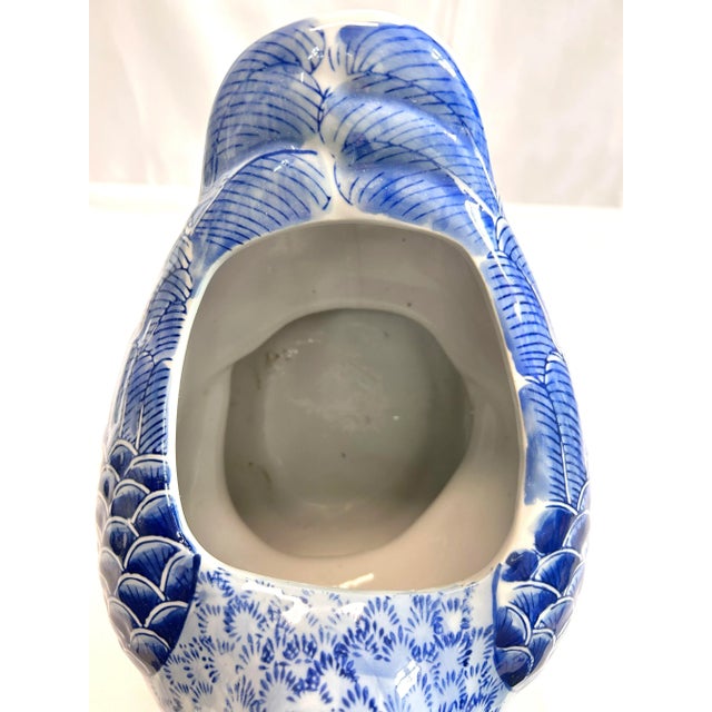 Blue 1990s Blue and White Ceramic Duck Cachepot Chinoiserie Bird Planter For Sale - Image 8 of 9