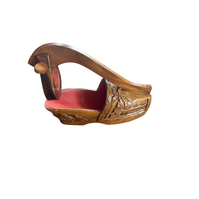 Chocolate Vintage Hand-Carved Solid Wood Shoe Wine Bottle Holder With Tropical Motif For Sale - Image 8 of 11