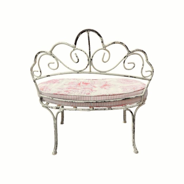 Vintage Wrought Iron Children’s Benches With Custom Toile Cushions - A Pair For Sale - Image 9 of 14