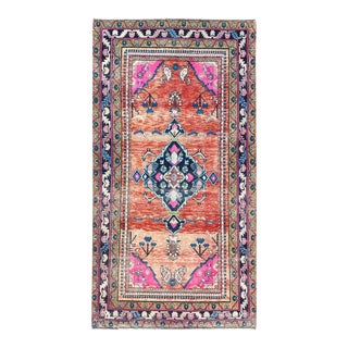 1960s Sunset Colors With Hot Pink, Vintage Persian Hamadan, Abrash Sheared Low Distressed Look Worn Wool Hand Knotted, Oriental Rug For Sale