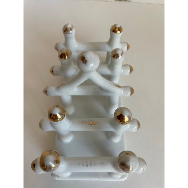 Mid 20th Century Vintage Chinoiserie White Porcelain Pagoda Toast Rack With Gold Accents For Sale - Image 5 of 8