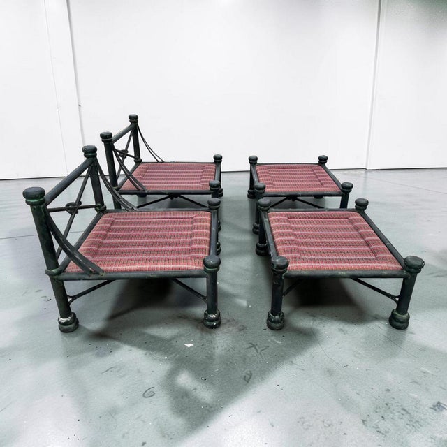 Exceptional pair of patinated metal chairs in brutalist disc and frame form designed in the manor of Diego Giacometti....