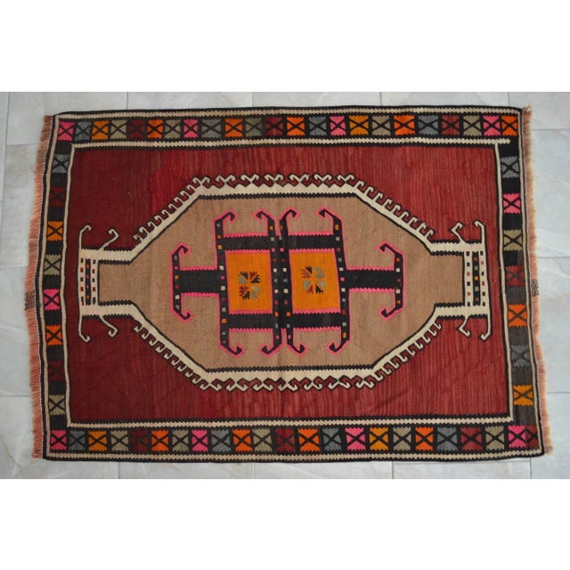 Ruby Red 1960s Handmade Turkish Kilim Rug Flat Weave Tribal Area Rug - 3'6" X 4'11" For Sale - Image 8 of 8