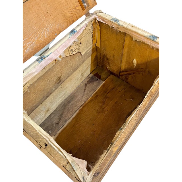 Cabin Antique Handmade Folk Art Wood Box Crate Table With Wheels For Sale - Image 3 of 17
