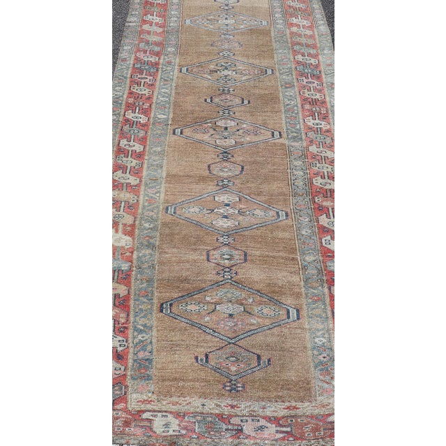Red Antique Sarab Runner With Sub-Geometric Medallion Design in Red, Blue & Brown For Sale - Image 8 of 12