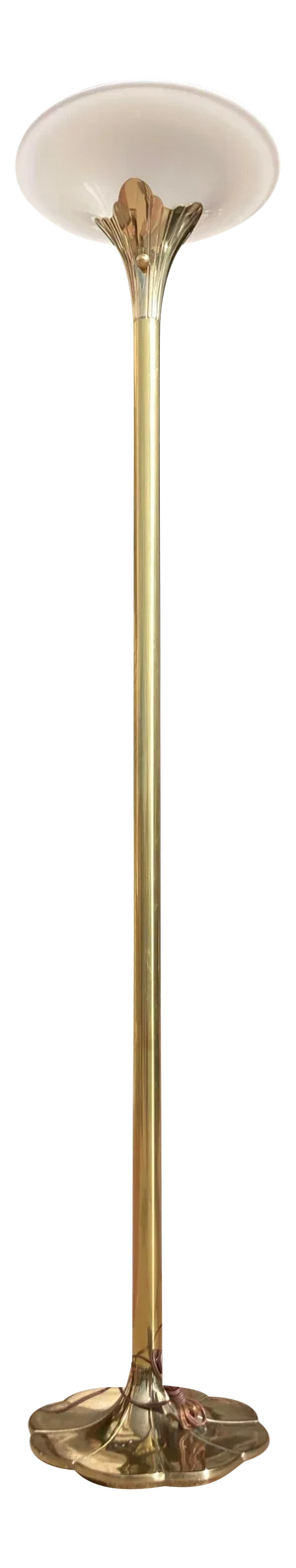 Modernist Solid Brass Tulip Torchiere Floor Lamp Milk Glass Diffuser by the Stiffel Company