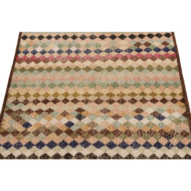 1960s Vintage Distressed Art Deco Rug in Brown, Pink and Blue Geometric Pattern For Sale - Image 4 of 8