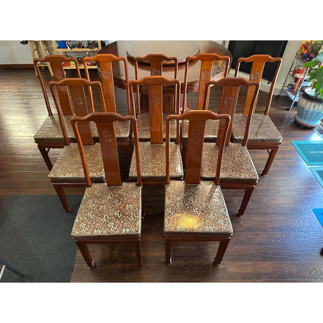 Modern Vintage Burmese Rosewood Mid-Century Chinese Round Dining Table & 10 Chairs Set With Lazy Susan For Sale - Image 3 of 12