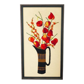 Vintage Red Flower Needlepoint Embroidery For Sale