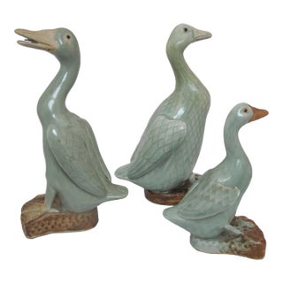Vintage Chinese Celadon Glazed Porcelain Goose Family Figurine Statue Trio For Sale
