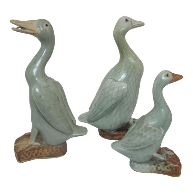 Vintage Chinese Celadon Glazed Porcelain Goose Family Figurine Statue Trio For Sale