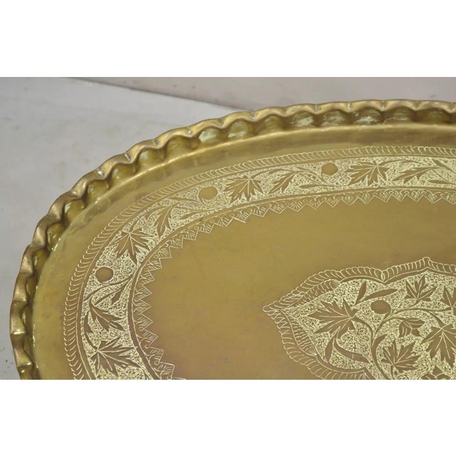Vintage Moroccan Middle Eastern Solid Brass Large Oval Engraved Tray Top For Sale - Image 4 of 11