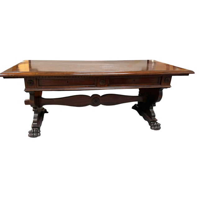 Antique Italian Carved Walnut Trestle Library Dining or Writing Table - Paw Feet For Sale - Image 10 of 15