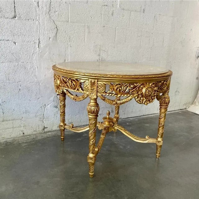 Grand French Baroque Round Coffee Table – Beige Marble Top With Ornate Gold Leaf Details For Sale In Miami - Image 6 of 7